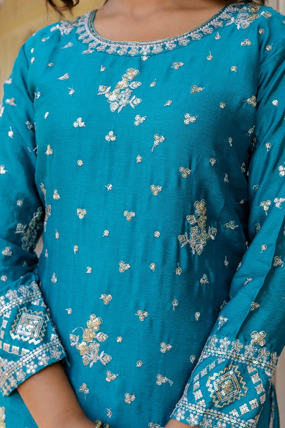 Incredible Teal Blue Chinon Embroidery Sequence Party Wear Sharara Suit With Dupatta