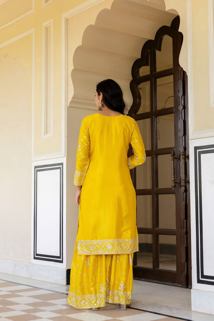 Fantastic Sunshine Yellow Chinon Embroidery Sequence Party Wear Sharara Suit With Dupatta