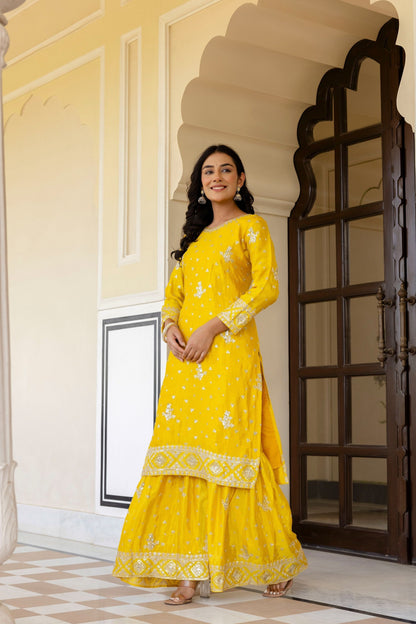Fantastic Sunshine Yellow Chinon Embroidery Sequence Party Wear Sharara Suit With Dupatta