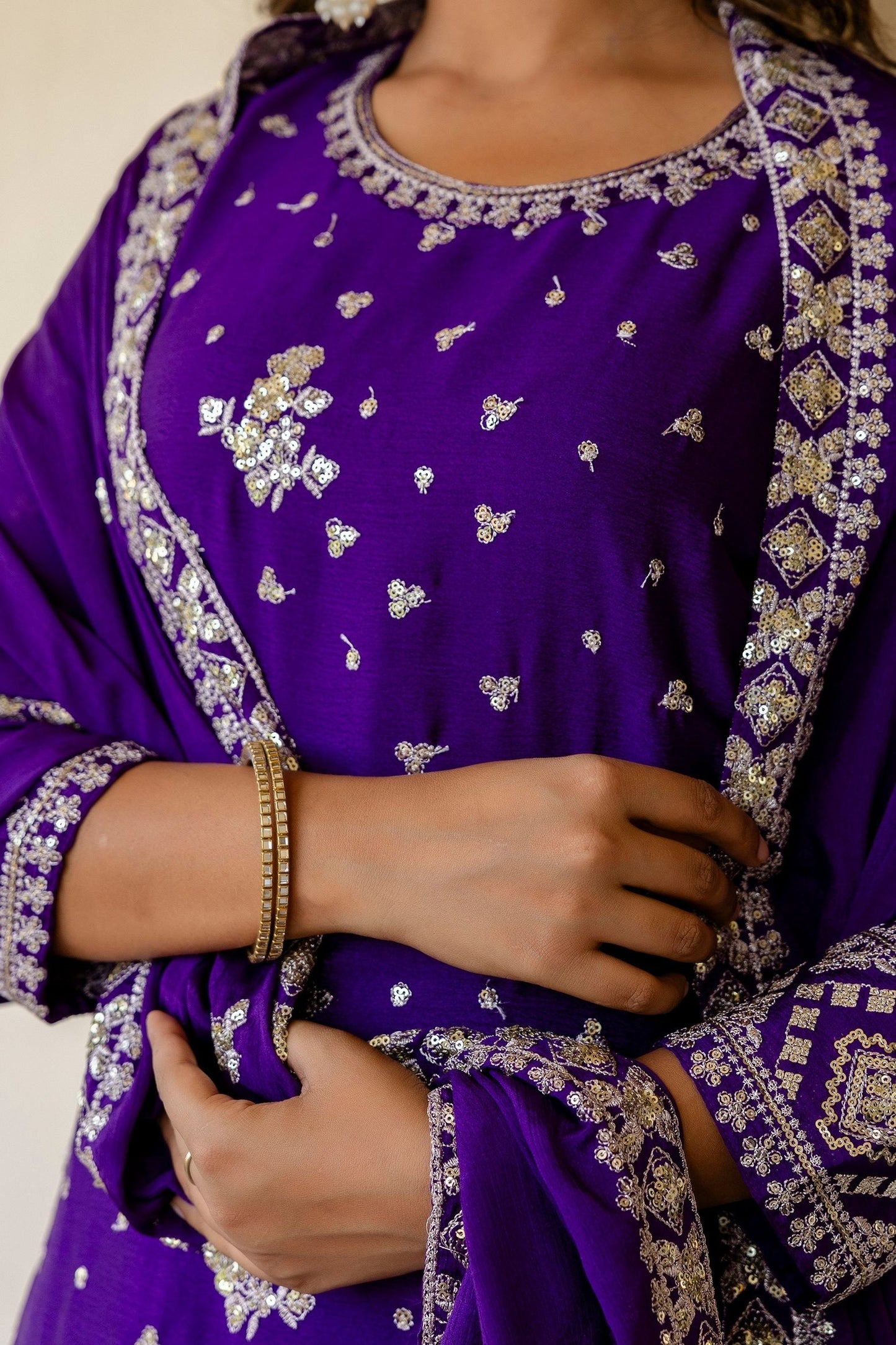 Royal Purple Chinon Embroidery Sequence Party Wear Sharara Suit With Dupatta