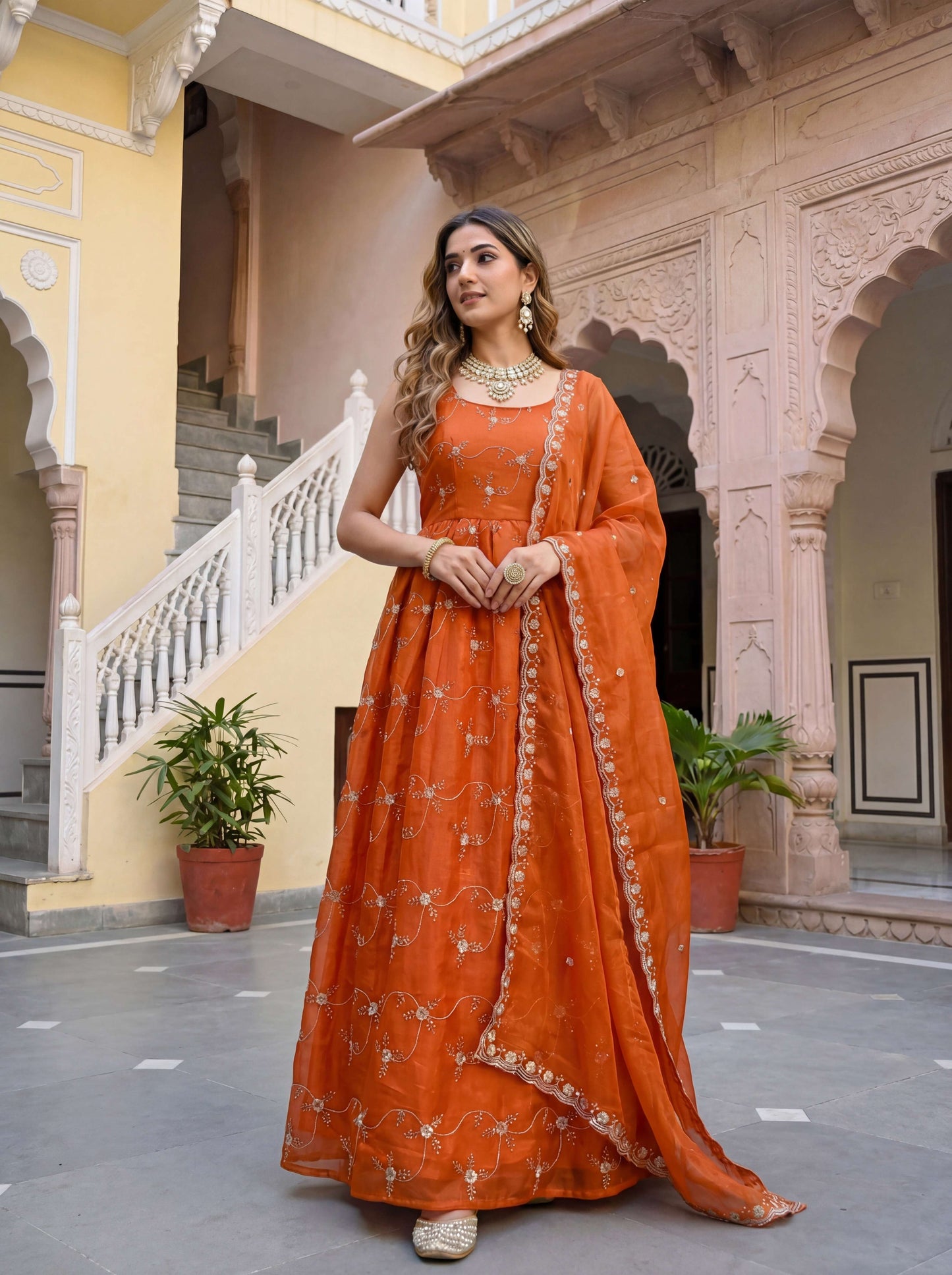 Elegant Rust Orange Fandy Silk Embroidered Sequence Designer Festive Wear Anarkali Gown Set