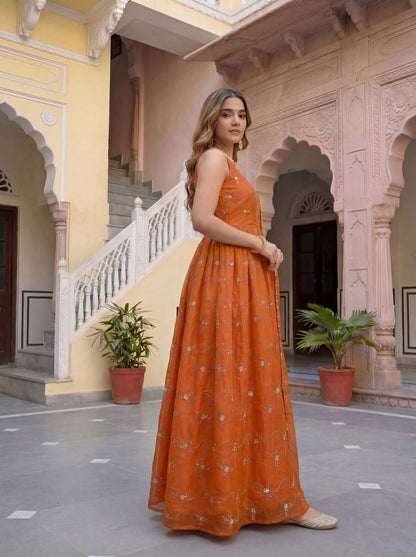Elegant Rust Orange Fandy Silk Embroidered Sequence Designer Festive Wear Anarkali Gown Set