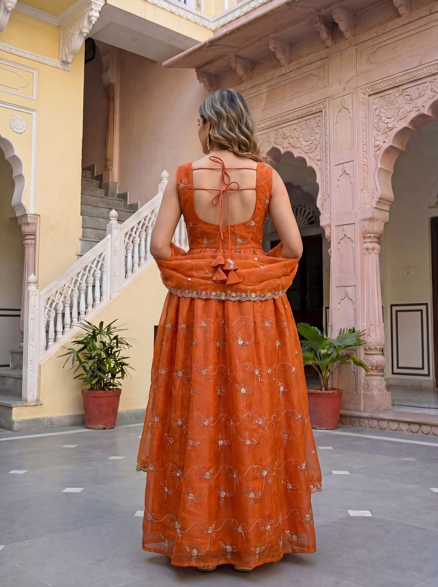 Elegant Rust Orange Fandy Silk Embroidered Sequence Designer Festive Wear Anarkali Gown Set