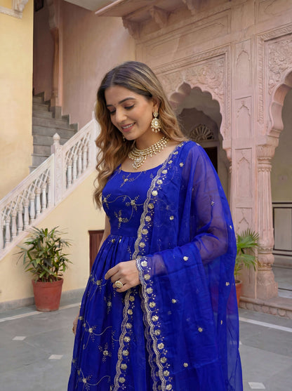 Elegant Royal Blue Fandy Silk Embroidered Sequence Designer Festive Wear Anarkali Gown Set