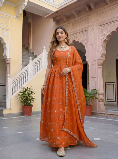 Elegant Rust Orange Fandy Silk Embroidered Sequence Designer Festive Wear Anarkali Gown Set