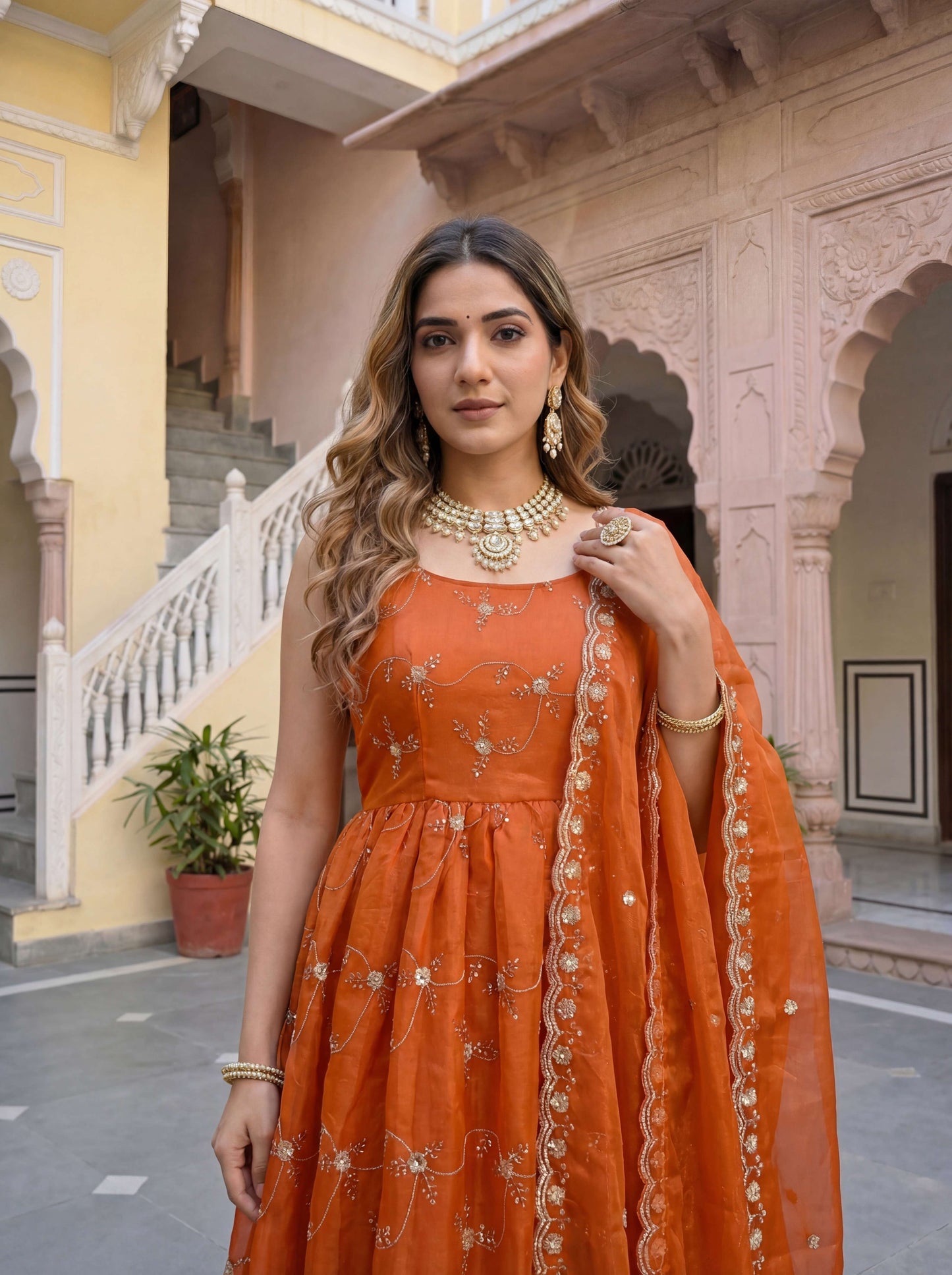 Elegant Rust Orange Fandy Silk Embroidered Sequence Designer Festive Wear Anarkali Gown Set