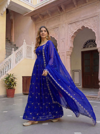 Elegant Royal Blue Fandy Silk Embroidered Sequence Designer Festive Wear Anarkali Gown Set
