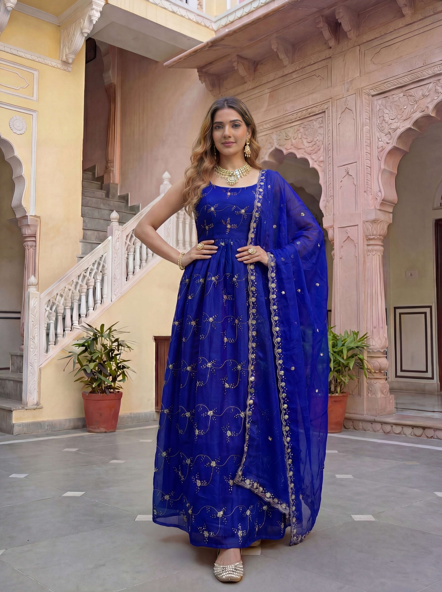 Elegant Royal Blue Fandy Silk Embroidered Sequence Designer Festive Wear Anarkali Gown Set