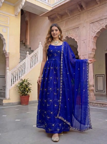 Elegant Royal Blue Fandy Silk Embroidered Sequence Designer Festive Wear Anarkali Gown Set