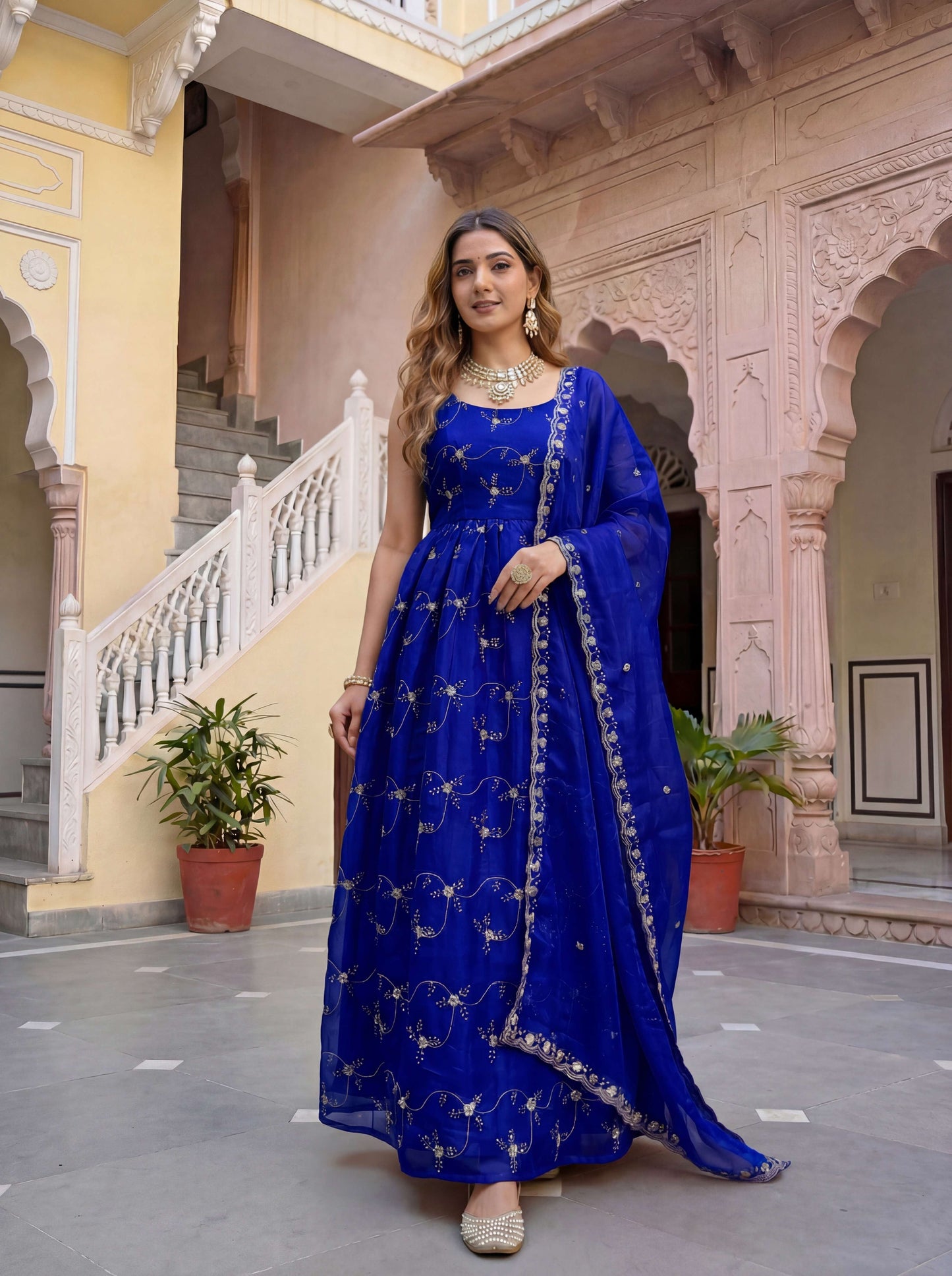 Elegant Royal Blue Fandy Silk Embroidered Sequence Designer Festive Wear Anarkali Gown Set