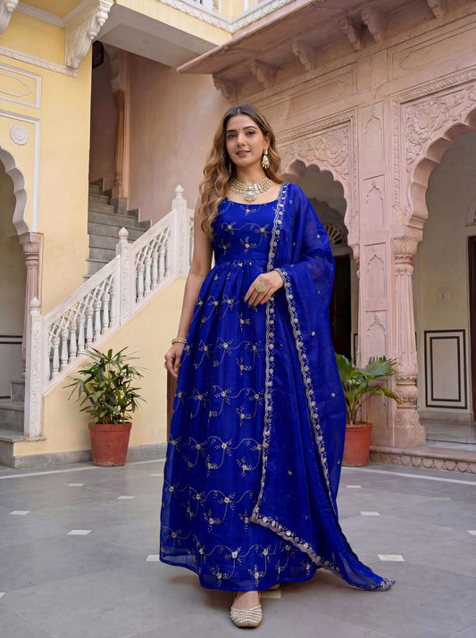 Elegant Royal Blue Fandy Silk Embroidered Sequence Designer Festive Wear Anarkali Gown Set