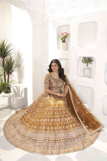 Glamour Golden Embroidery Designer Bridal Wear Sequence Worked Net Lehenga Set