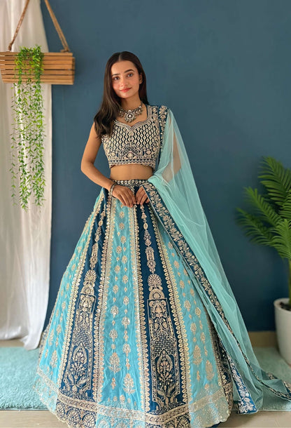 Attractive Aqua Zari Work Designer Lehenga Beautiful Patterned choli & Dupatta