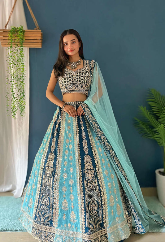 Attractive Aqua Zari Work Designer Lehenga Beautiful Patterned choli & Dupatta