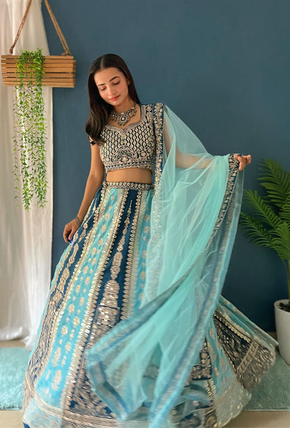Attractive Aqua Zari Work Designer Lehenga Beautiful Patterned choli & Dupatta