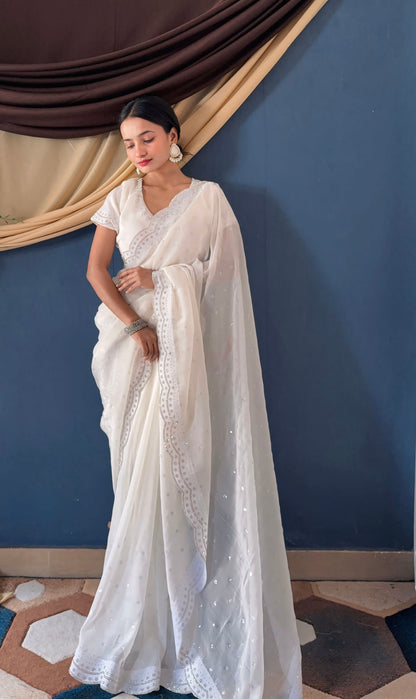 Charming White Crunchy Zarkhan Diamond Work Designer Casual Wear Saree With Blouse