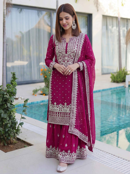 Stunning Pink Embroidered Sharara Suit with Work and Matching Dupatta