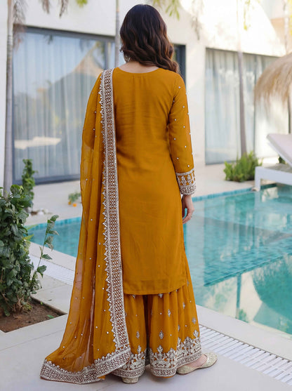 Mustard Yellow Embroidered Sharara Suit with Work and Matching Dupatta