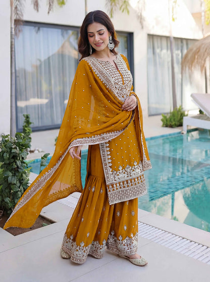 Mustard Yellow Embroidered Sharara Suit with Work and Matching Dupatta