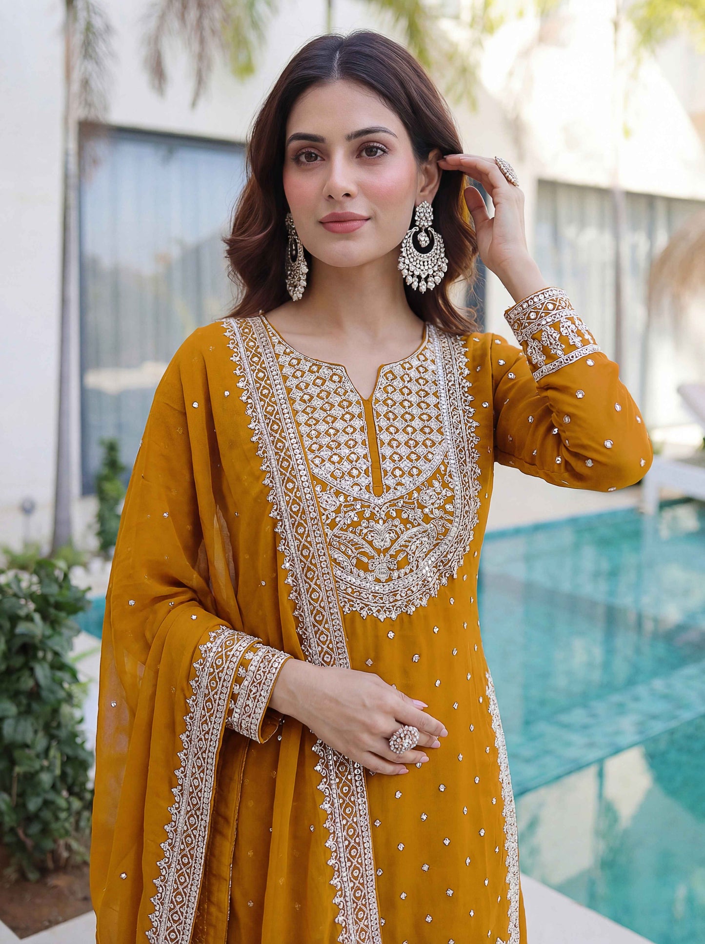 Mustard Yellow Embroidered Sharara Suit with Work and Matching Dupatta
