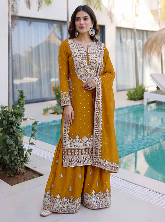Mustard Yellow Embroidered Sharara Suit with Work and Matching Dupatta