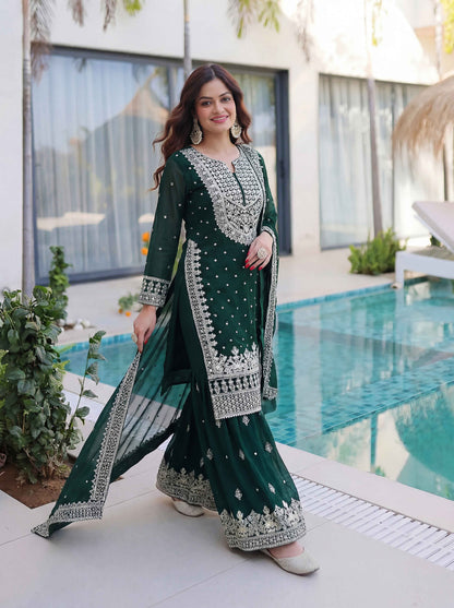 Elegant Bottel Green Embroidered Sharara Suit with Work and Matching Dupatta