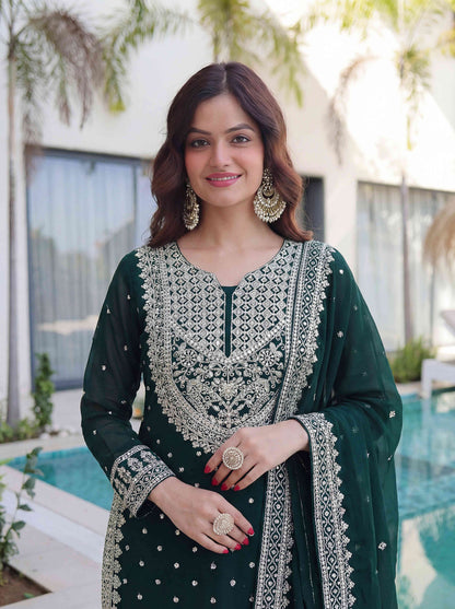 Elegant Bottel Green Embroidered Sharara Suit with Work and Matching Dupatta