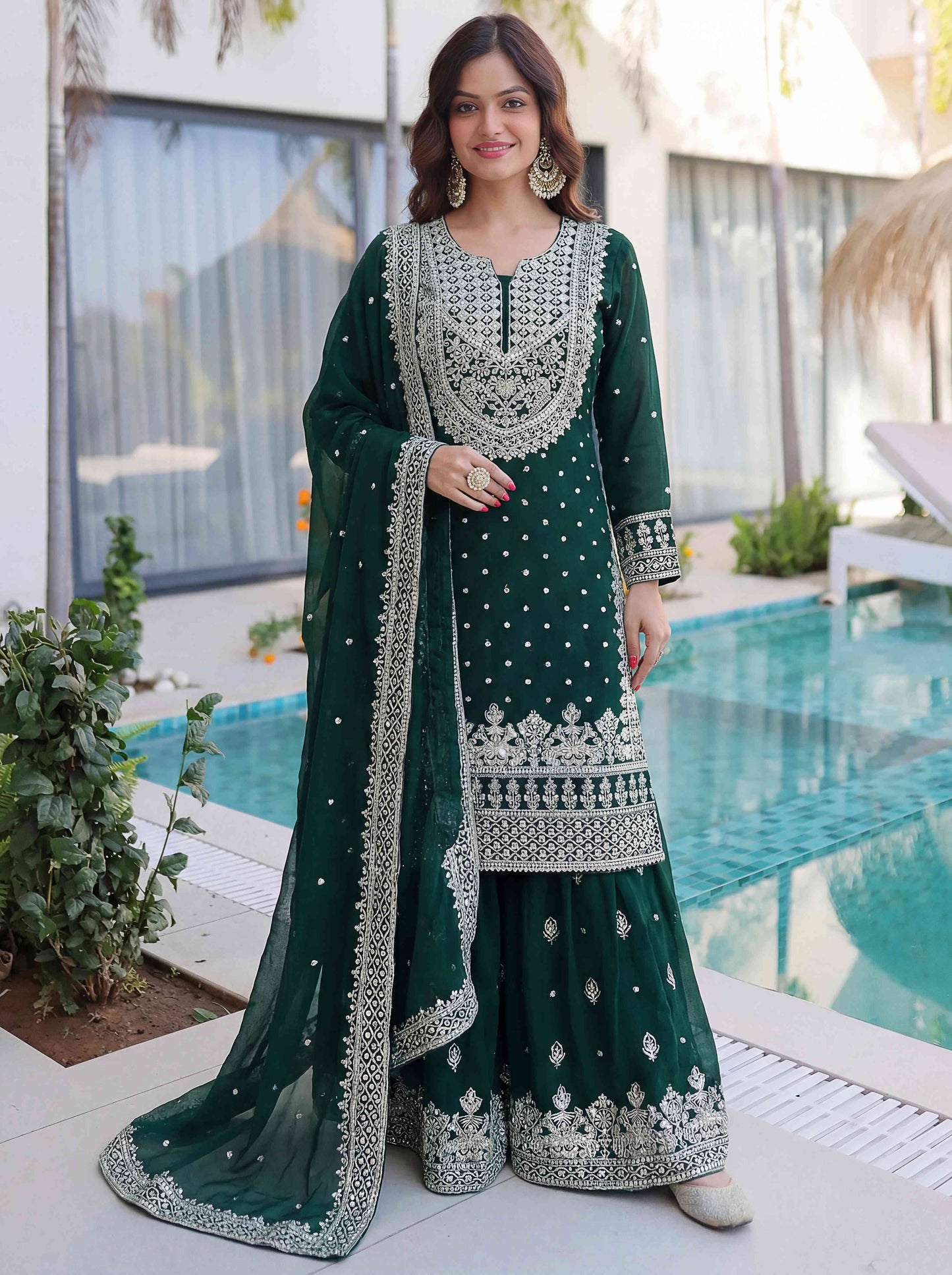 Elegant Bottel Green Embroidered Sharara Suit with Work and Matching Dupatta