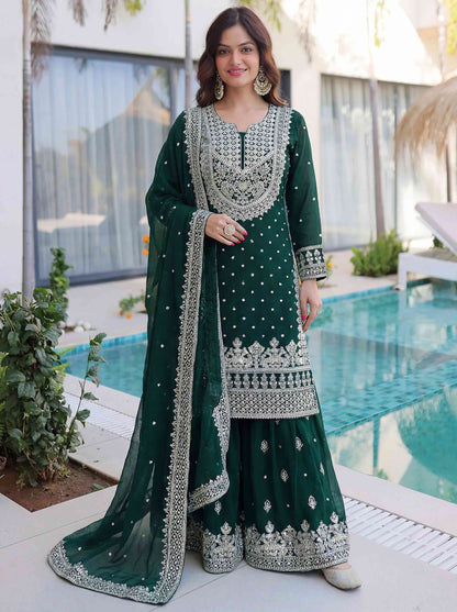 Elegant Bottel Green Embroidered Sharara Suit with Work and Matching Dupatta
