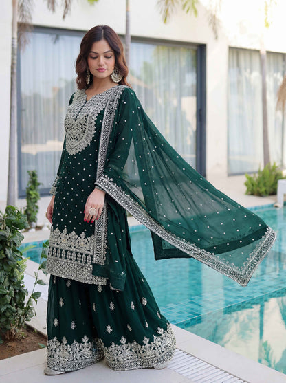 Elegant Bottel Green Embroidered Sharara Suit with Work and Matching Dupatta