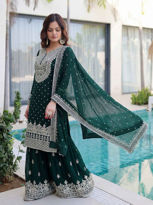 Elegant Bottel Green Embroidered Sharara Suit with Work and Matching Dupatta
