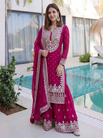 Stunning Pink Embroidered Sharara Suit with Work and Matching Dupatta