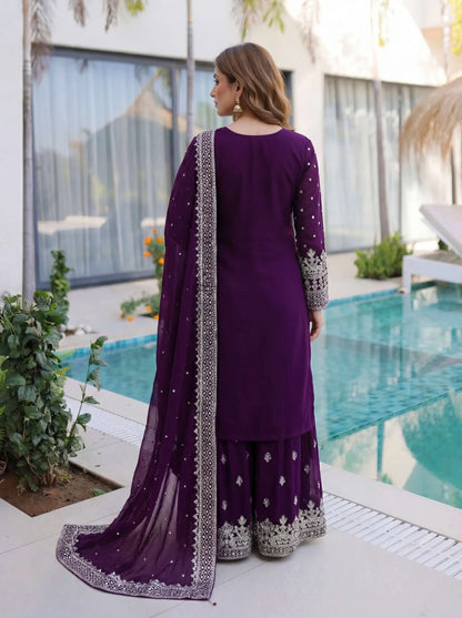 Awesome Purple Embroidered Sharara Suit with Work and Matching Dupatta