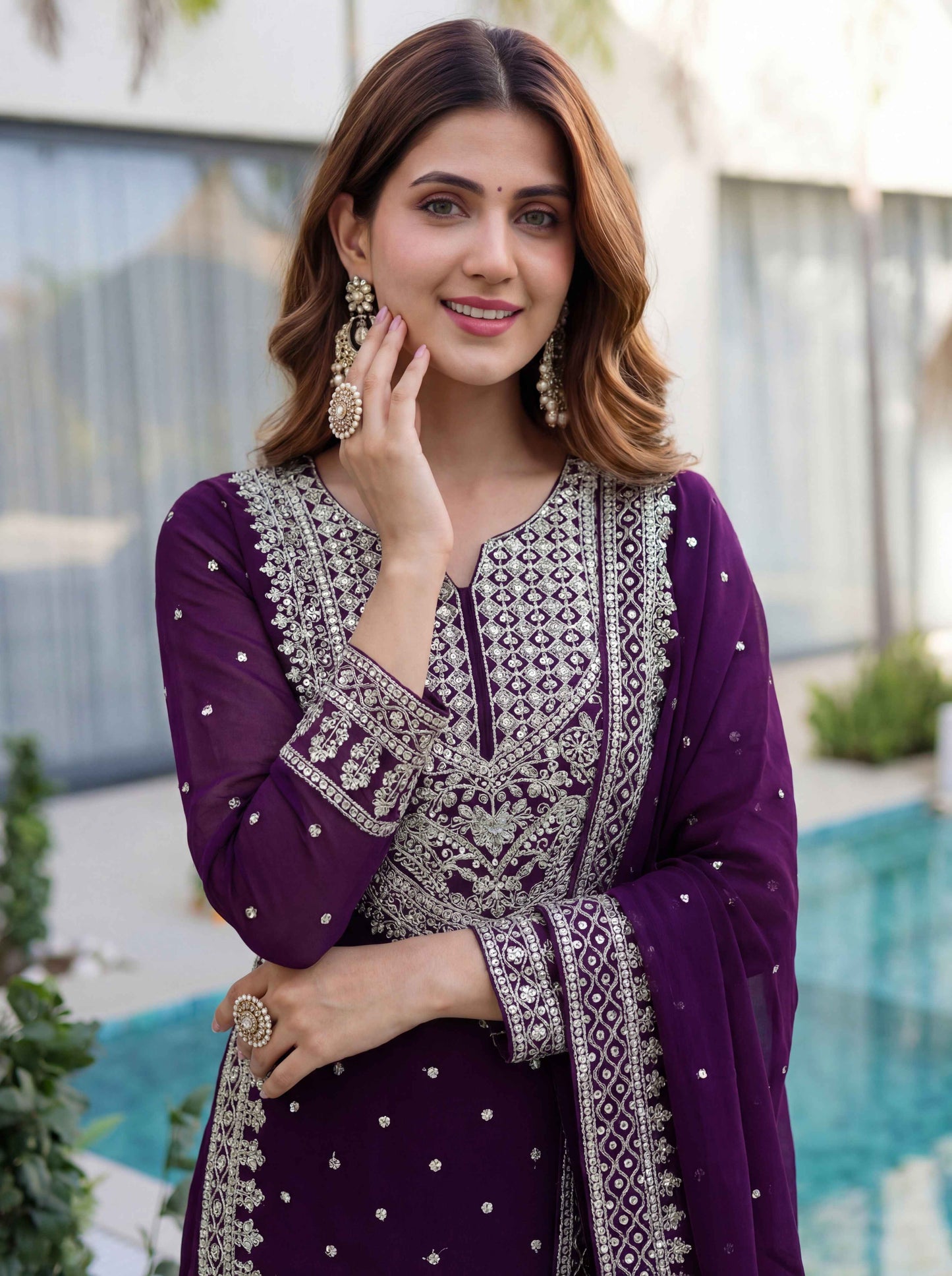 Awesome Purple Embroidered Sharara Suit with Work and Matching Dupatta
