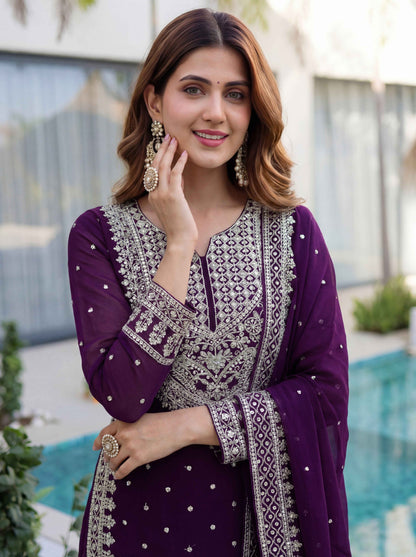 Awesome Purple Embroidered Sharara Suit with Work and Matching Dupatta