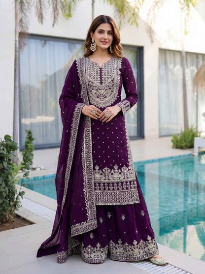 Awesome Purple Embroidered Sharara Suit with Work and Matching Dupatta