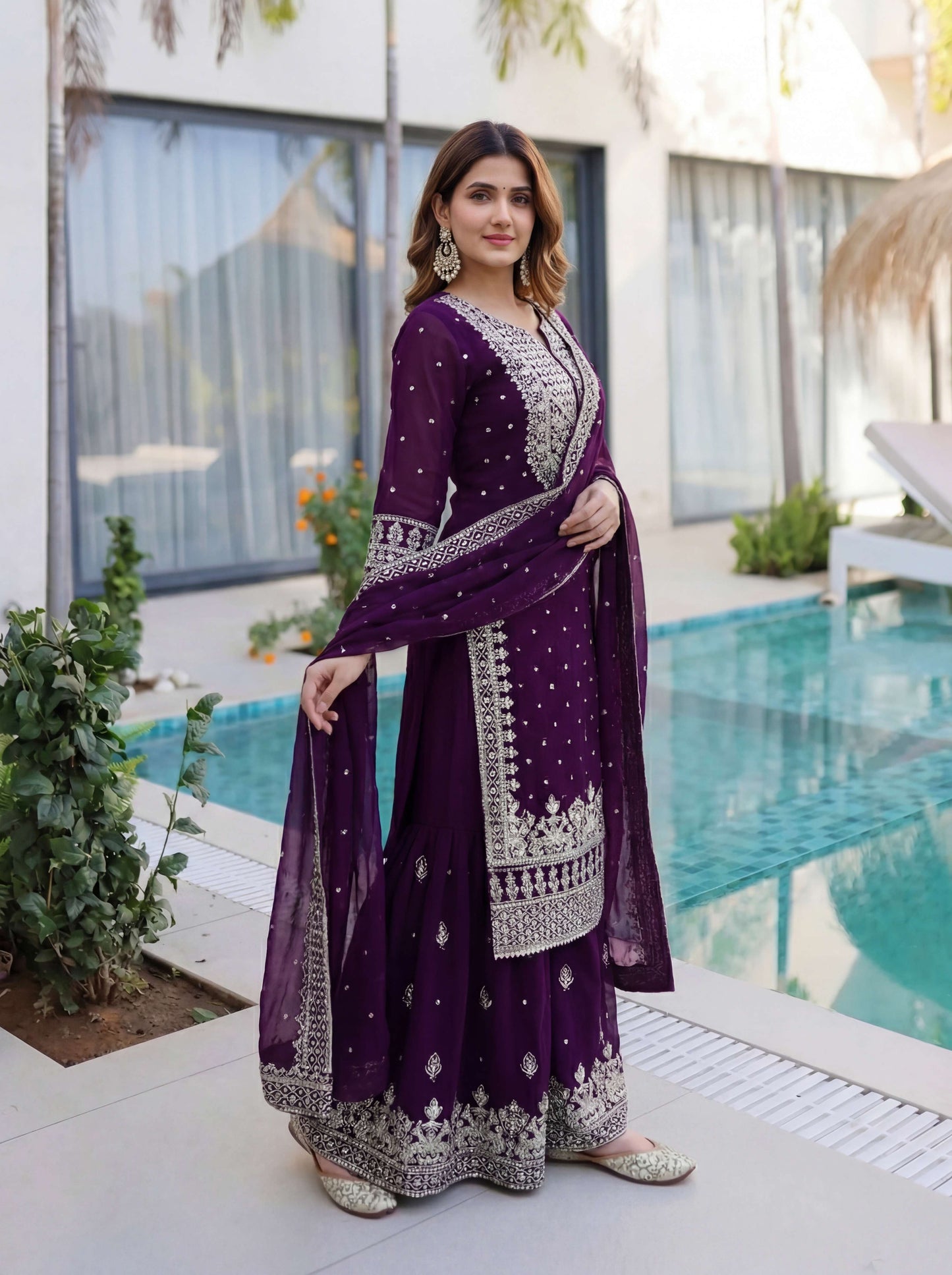 Awesome Purple Embroidered Sharara Suit with Work and Matching Dupatta