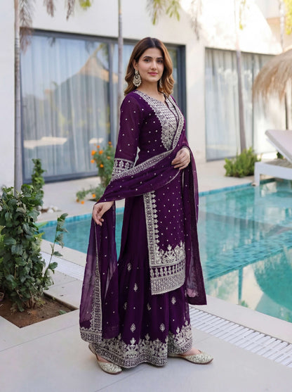 Awesome Purple Embroidered Sharara Suit with Work and Matching Dupatta