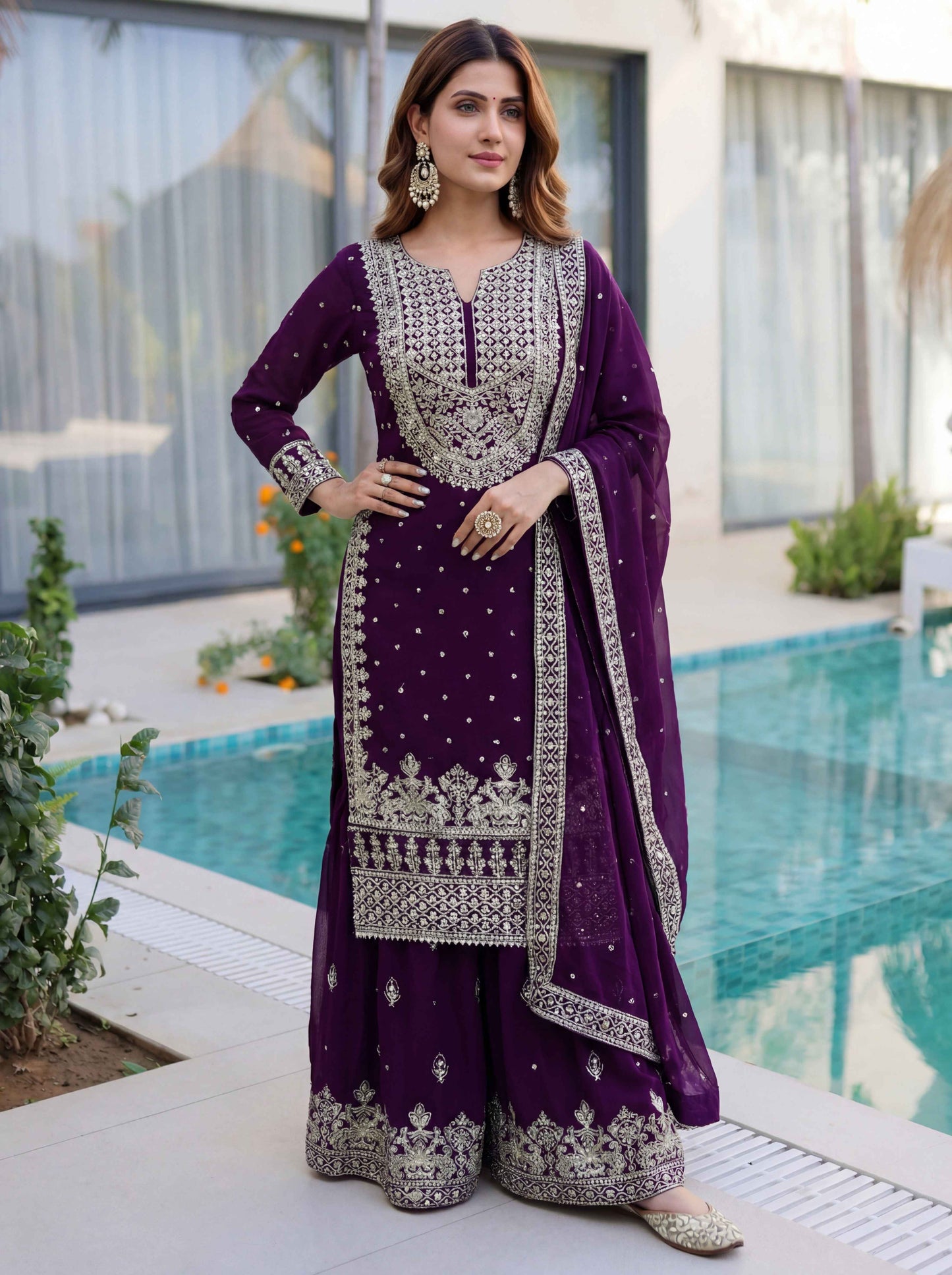 Awesome Purple Embroidered Sharara Suit with Work and Matching Dupatta