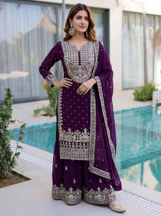 Awesome Purple Embroidered Sharara Suit with Work and Matching Dupatta