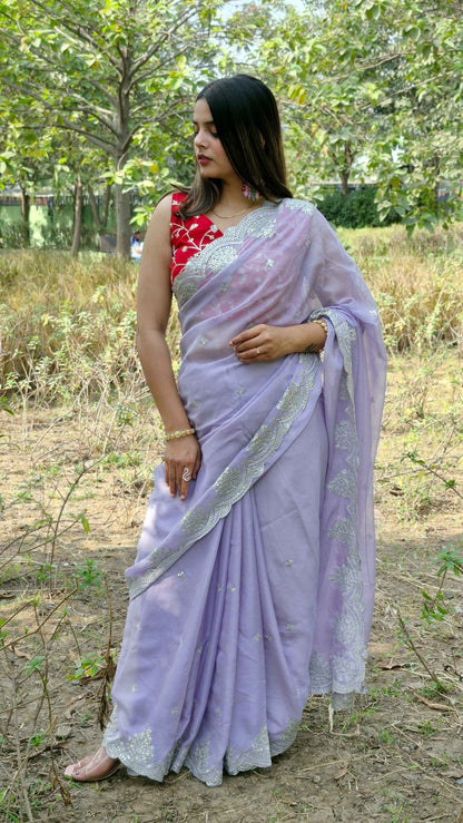 Glamorous Lavender Tabby Organza Silk Engagement Wear Saree With Blouse