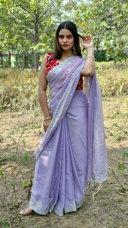 Glamorous Lavender Tabby Organza Silk Engagement Wear Saree With Blouse