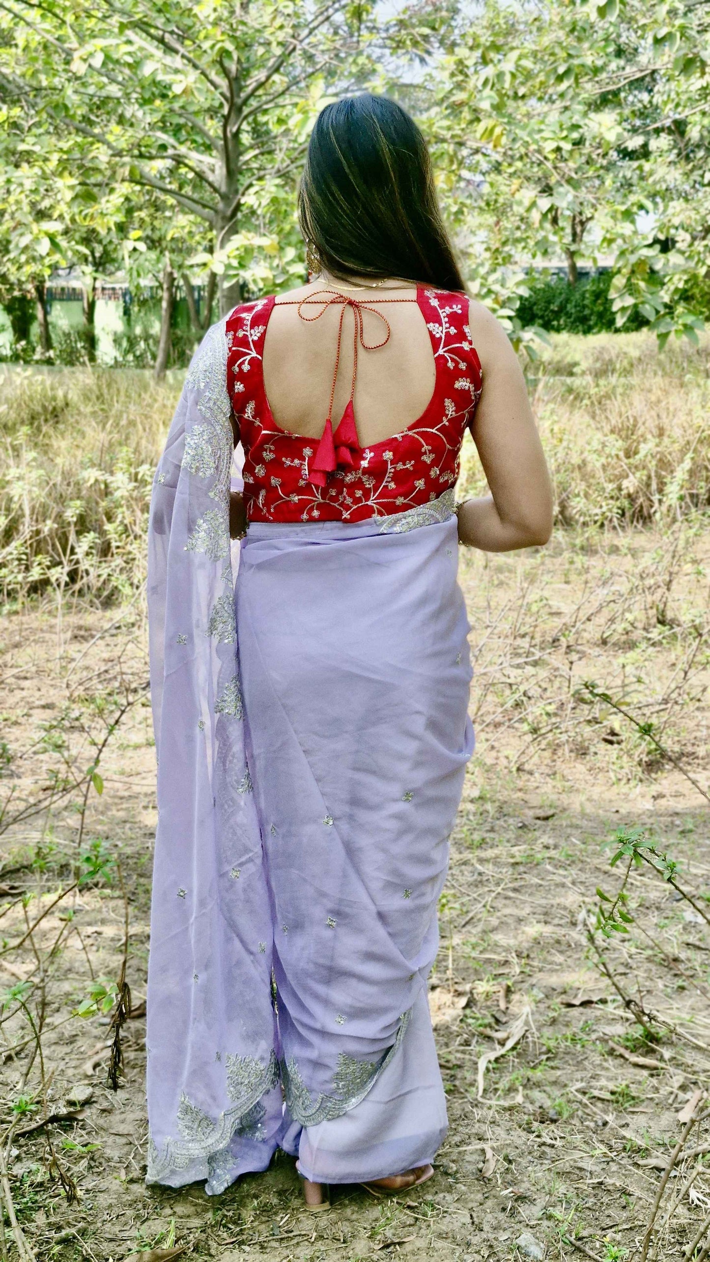 Glamorous Lavender Tabby Organza Silk Engagement Wear Saree With Blouse