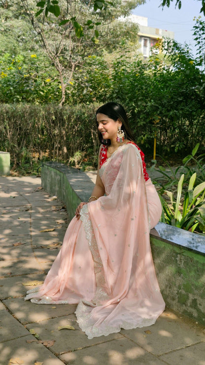 Precious Blush pink Tabby Organza Silk Engagement Wear Saree With Red Embroidered Blouse
