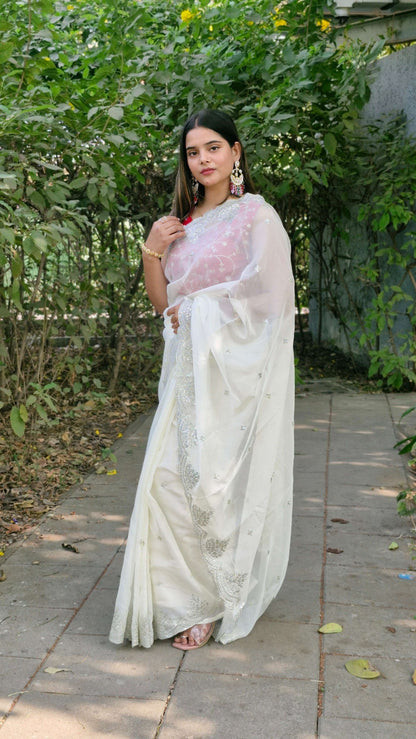 Stunning White Tabby Organza Silk Engagement Wear Saree With Red Embroidered Blouse