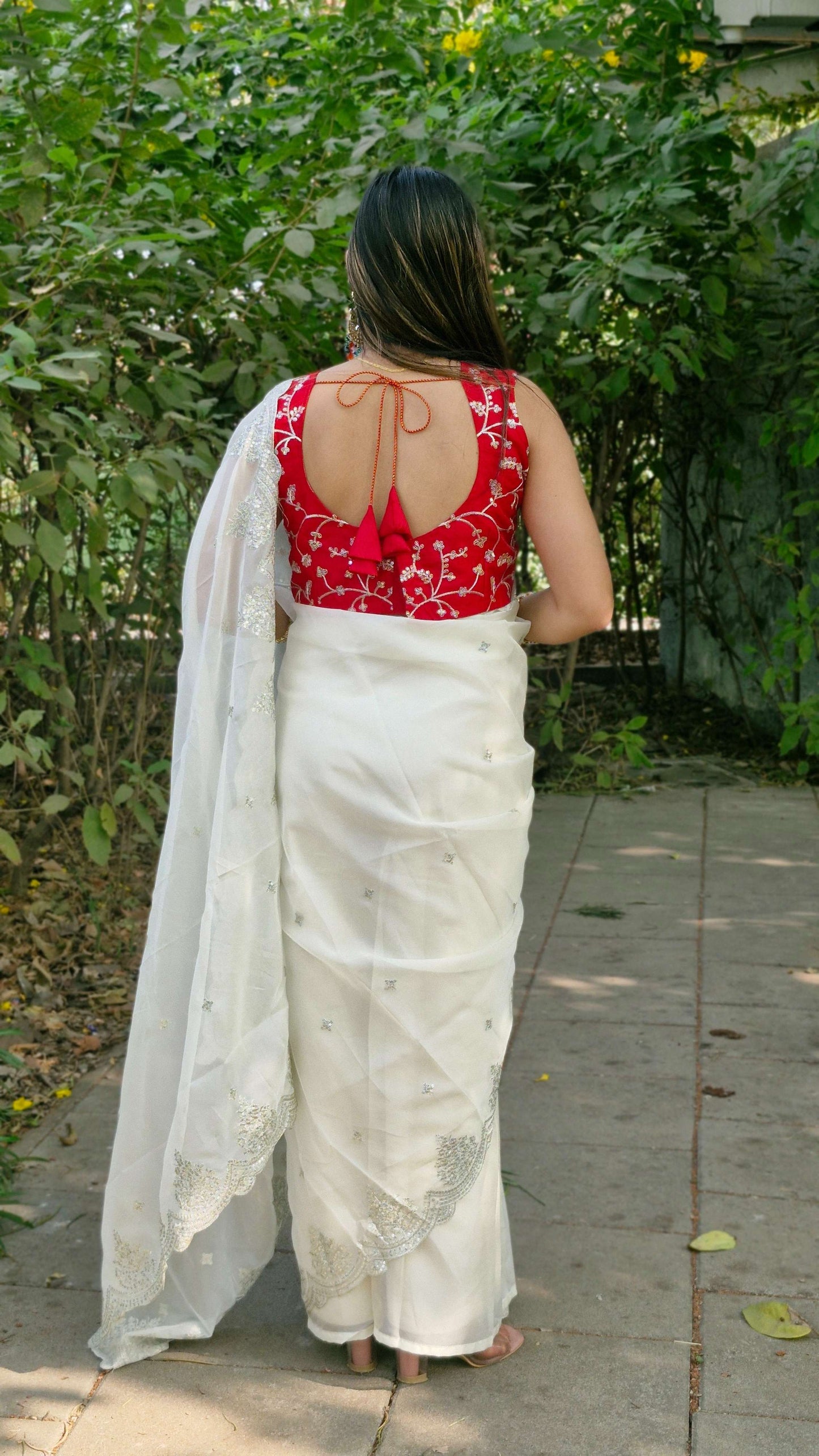 Stunning White Tabby Organza Silk Engagement Wear Saree With Red Embroidered Blouse