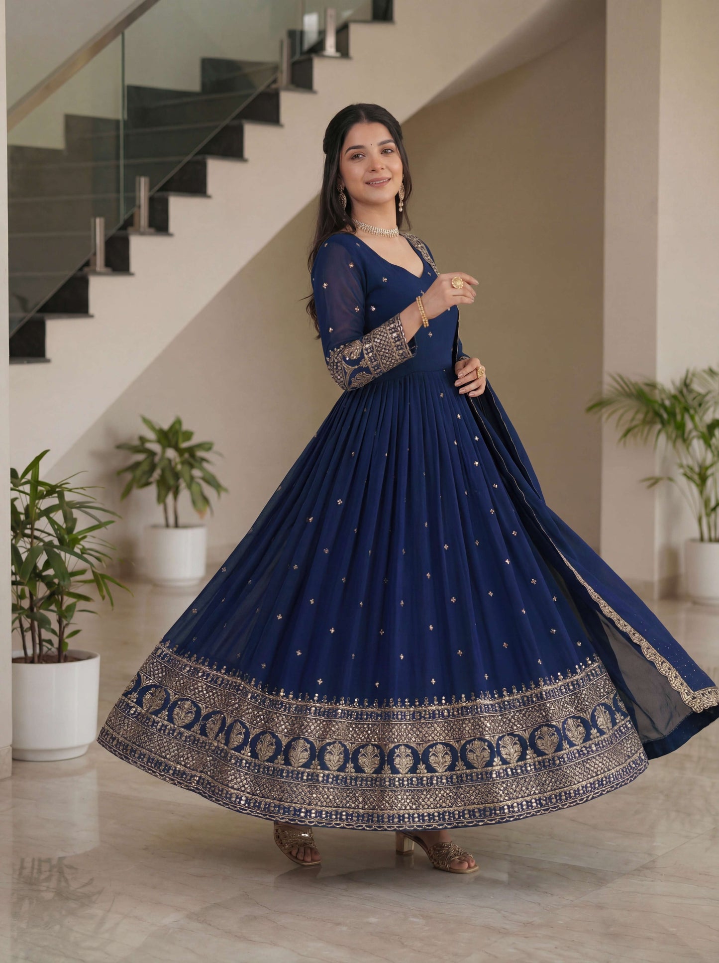 Graceful Navy Blue Silk Embroidered Sequence Zari Designer Festive Wear Anarkali Gown Set