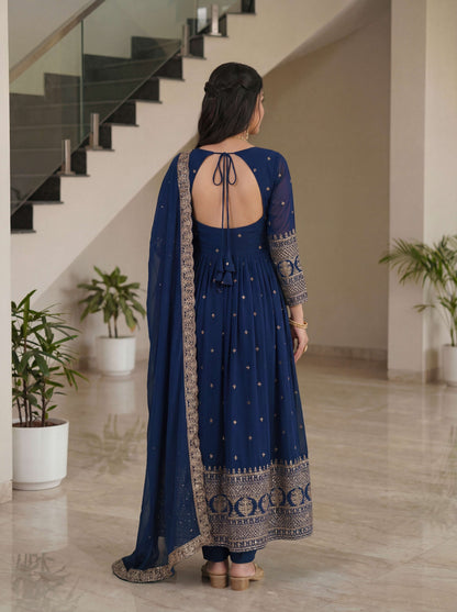 Graceful Navy Blue Silk Embroidered Sequence Zari Designer Festive Wear Anarkali Gown Set