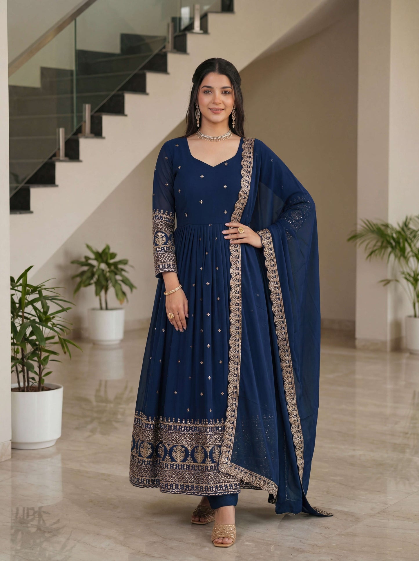 Graceful Navy Blue Silk Embroidered Sequence Zari Designer Festive Wear Anarkali Gown Set