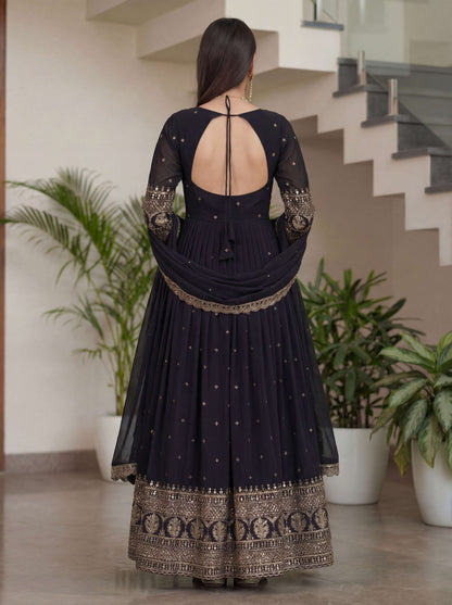 Eyecatch Black Silk Embroidered Sequence Zari Designer Festive Wear Anarkali Gown Set